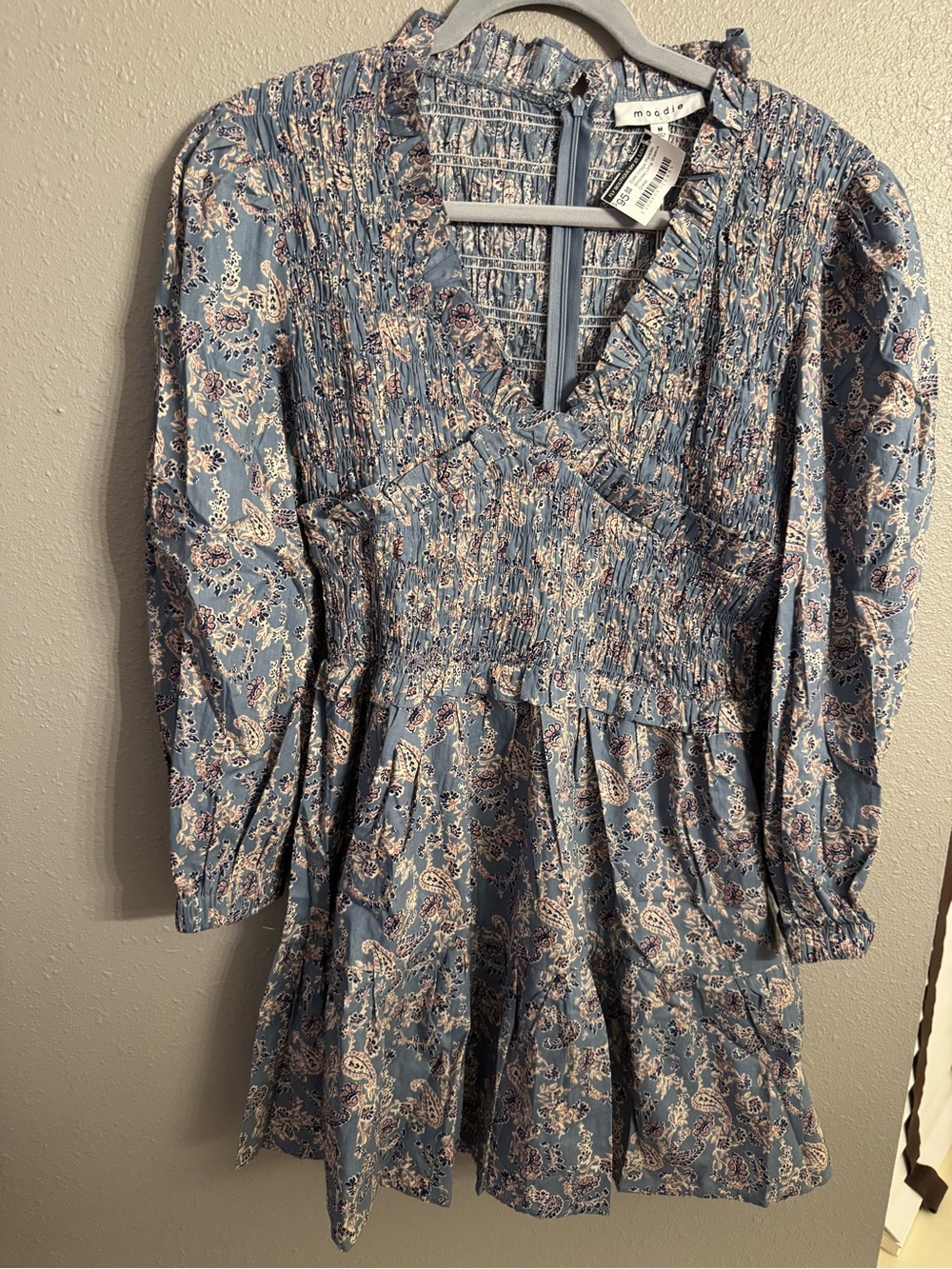 moodie Blue Paisley Smocked Mini Dress